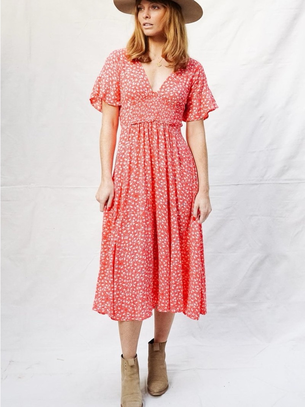Free People Coral Floral Midi Dress